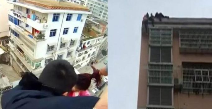 Video shows man stopping his wife from jumping to death in China