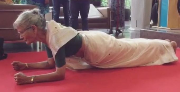 Video: Milind Soman’s 78-year-old mother doing a plank wearing a sari is mindblowing