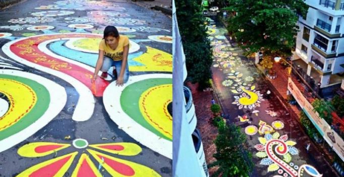 Durga Puja 2017: 400 Bengalis create longest street rangoli in Kolkata